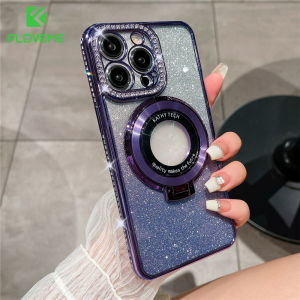 FLOVEME Plating Gradient Glitter Diamond Phone Case For iPhone 15 14 13 12 11 Pro Max 15 14 Plus With MagSafe Stand Holder Wireless Charging Clear TPU Anti-fall Shockproof Back Cover For iphone 15 14 13 12 11