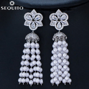 SEQUITO New Fashion Pearl Long Tassel Drop Earing Pave AAA CZ Flower Dangle Earrings with Sterling Silver Pins Party Women Jewelry Accessories SE206