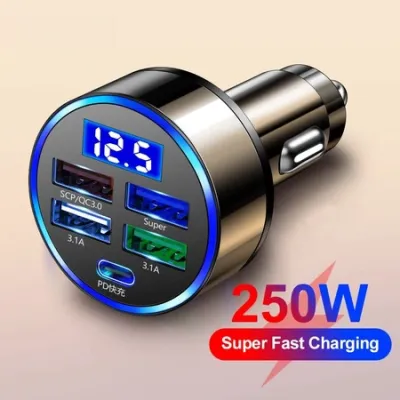 【FUCO】12V/24V Tẩu Sạc Nhanh PD QC3.0 USB C 5 Cổng Có Đèn LED Cho Xe Hơi