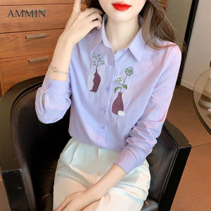 AMMIN Korean style Lady long sleeve illustration art style embroidered long sleeve shirt autumn new design sense casual pure cotton embroidered Blouse Tops casual office blouse
