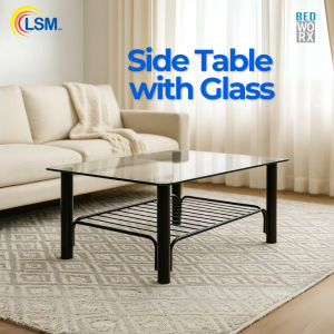 Small Glass Side Table for Living Room (Black Tempered Glass and Black Iron Frame)