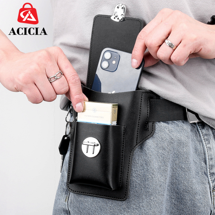 Men Belt Loop Phone Holster PU Leather Bag Waist Cellphone Pouch