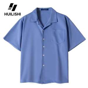 HLS&HUILISHI Men Solid Black Smooth Wrinkle Free Shirts Oversized Camp Collar Loose Fit Summer Vacation Short Sleeve Button Down Blouse
