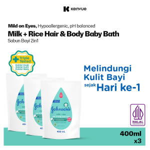 [Paket isi 3] JOHNSONS Milk + Rice Hair & Body Baby Bath 2in1 Refill 400ml