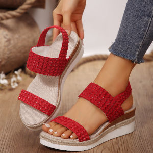 [Free Shipping] Plus-Size WomenS Wedge Sandals With A Single Strap Buckle Closure Thick Sole And Lightweight Woven Design Perfect For The Beach