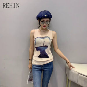 REHIN Womens top Unique pattern gold stamping print Sleeveless T-shirt S-3XL slim fit undershirt summer new tank blouse