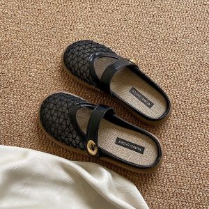 [Free Shipping] Womens Mesh Toe-Covered Mules 2025 Summer New Style Flat Sole Open-Toe Hollow Versatile Plus Size Slippers