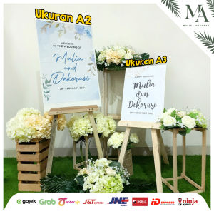 Papan Nama Kayu Dekorasi Wedding Engagement Welcome Sign Printing+Kayu Standing Tripod Penyangga