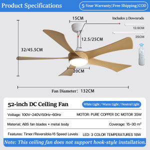 GEERLI【 HOT🔥 Free Shipping】52 Inch Modern 5 blades Ceiling Fan with Light 5-Year Warranty Quiet DC MotorHigh Airflow 6 Speed 3 Color LED Timer Remote Control Reversible Forward/Reverse Suitable for Dining Room Study and Bedroom