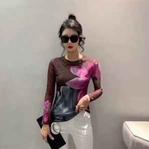 S-4XL Autumn Winter Double-Layer Mesh T-Shirt Female Printing Positioning Flower Long Sleeved Round Neck Slim Top