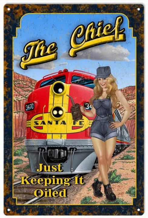 Targa Metallica Vintage Pinup Girl The Chief Railroad – 20x30 Cm Per Garage E Man Cave - 2