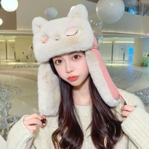 BLACKON Lót lông cừu Mũ Trapper dễ thương Chống gió. Đã được làm dày Mũ tai mèo Mũ bảo vệ tai bằng vải nhung. Lông nhung Mũ len che tai mùa đông Các cô gái thời trang