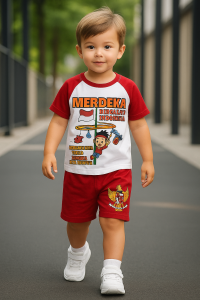Setelan Baju Merah Putih Bermotif Terbaru Bahan Katun Ready Usia Anak 3 Bulan-10 Tahun