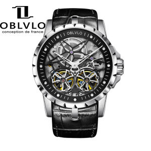 (OFFICIAL 3 Yrs WARRANTY) OBLVLO RM-T Leather Strap Skeleton Waterproof Double Flywheel Automatic Mechanical Mens Sports Watch