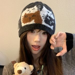 THANKSKY แฟร์ไอส์สไตล์ หมวกถักแมว Jacquard ได้รับการพิมพ์แล้ว อบอุ่น หมวกถักพิมพ์ลาย แฟชั่น น่ารัก หมวกบีนนี่ลายแจ็คการ์ด ชุดและเครื่องประดับ