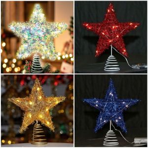 UNMEGONI 3D Glitter Star Christmas Trees Topper Hollow Iron Glowing Tree Topper  Party Decoration Xmas Tree Ornament