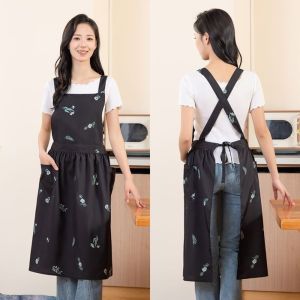 GORGE Polyester Tạp dề nhà bếp Hoa thêu Có thể điều chỉnh Tạp dề vẽ tranh Kiểu dáng xếp ly Tạp dề cột sau lưng Công việc làm vườn
