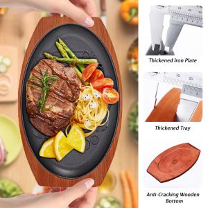 10 Inch Sizzling Plate Wooden Base Grill Plate Steak Plate Non Stick Cast Iron Kitchen Cooking Tools Cookware Roasting Grilling Oval Shape Tray