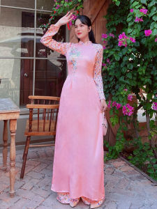 Bộ áo dài gấm cổ trụ phối hoa nhí nhỏ xinh AD042 -LadyFashion- Khánh Linh Style