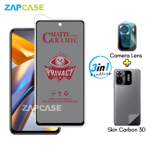 Paket 3in1 Anti Gores Layar Privasi Xiaomi Poco M5s Free Tempered Glass Camera dan Skin Carbon