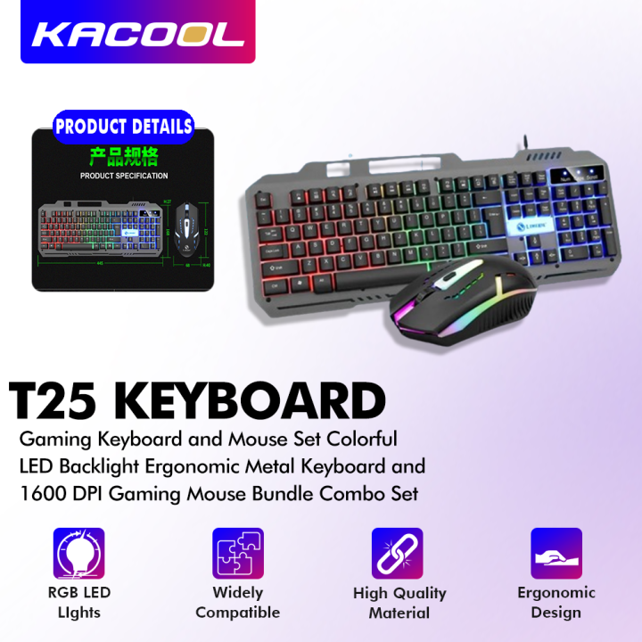 T25 Gaming Keyboard and Mouse Set Colorful LED Backlight Ergonomic Metal Keyboard and 1600 DPI Gaming Mouse Bundle Combo Set USB Wired for PC Laptop