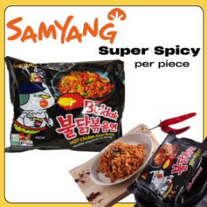 Samyang Buldak Black> Samyang Cheese> Samyang Carbonara> Samyang Cream Carbonara sold per pack or pieces This ultra spicy stir fried known as "Buldak" approximately 4000-10000 SHU is accompanied by crunchy sesame seeds and savory roasted seaweed flakes.