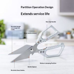 SEA JJT Multi-Functional Stainless Steel Kitchen Shears with Sharp Blades Bottle Opener and Nut Cracker for Heavy-Duty Cooking Tasks