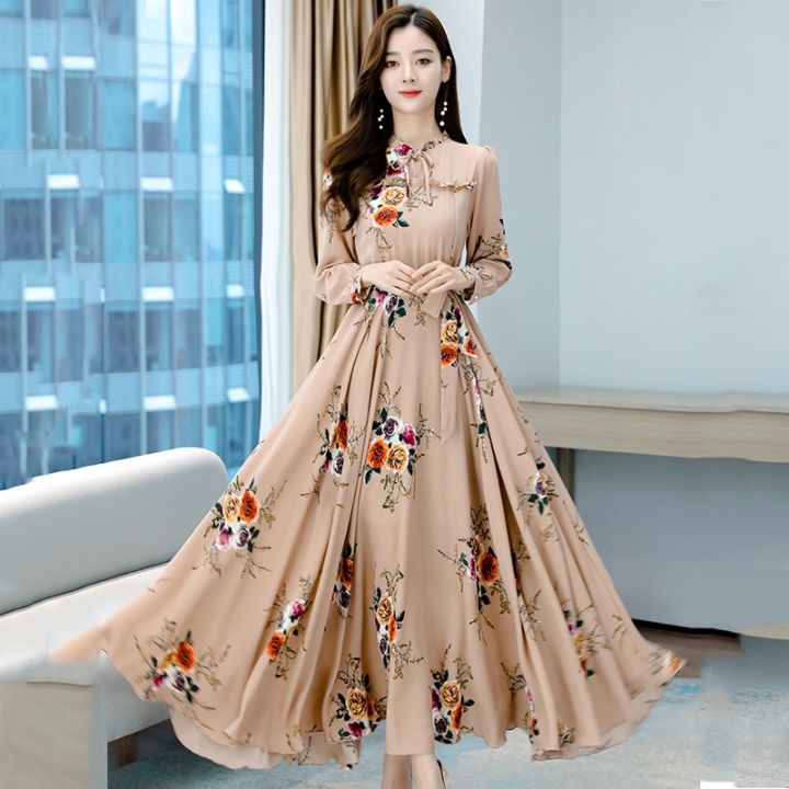 baju dress long dress korean style baju perempuan women dress baju wanita Slim long dress with big hem print long sleeve Lazada