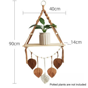 Nordic Hand Woven Leaf Macrame Wall Hanging Shelf Floating Wooden Storage Rack Plant Display Wall Decor for Bedroom Living Room Homestay