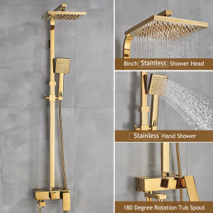 Angel House Luxury Gold Brass Bathroom Faucet & Wall Mounted Rainfall Shower Head