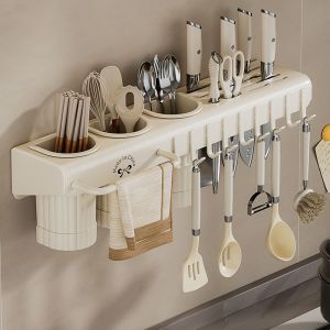 LIANG คาร์บอนสตีล ชั้นวางของในครัว ติดผนัง ความจุขนาดใหญ่ ที่วางตะเกียบ ใช้งานได้จริง ถอดออกได้ ที่เก็บตะเกียบแบบรวม ที่เก็บของในบ้าน