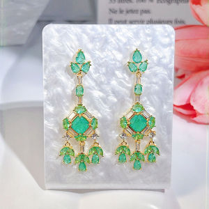 SEQUITO Excellent Women Jewelry Yellow Gold Color Pave Setting Green AAAAA Cubic Zirconia High Quality Chandelier Shape Long Drop Earrings SE885