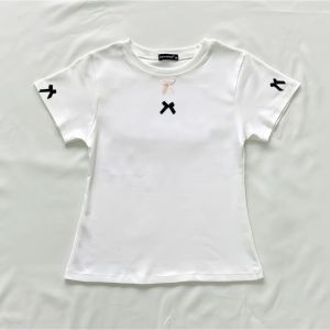 Áo Thun Cổ Tròn Tay Ngắn Dáng Babytee Đính 2 Nơ Cổ Và Tay Áo Form Ôm Body Siêu Xinh