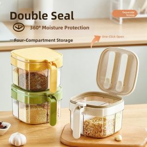 BAGUO(霸果) แก้ว ขวดเครื่องปรุงที่ปิดสนิท 4 ช่อง แบบกด ภาชนะเก็บเครื่องปรุง ง่าย ป้องกันการรั่วซึม ถังเครื่องเทศ ของใช้ในครัว