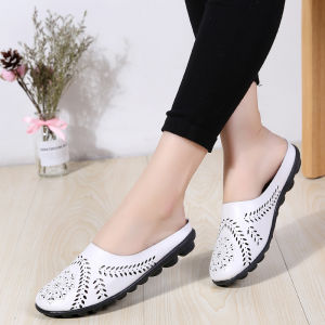 Womens Breathable Hollow Leather Flat Sandals Summer New Fashion Beef Tendon Bottom Shoes Closed Toe Casual Soft Shoes