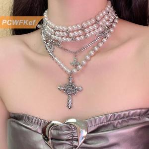 【PCWFKef】 สร้อยคอแฟชั่นจี้ไม้กางเขนไข่มุกหลายชั้นแบบเฉพาะตัวสำหรับผู้หญิงเครื่องประดับอัญมณี