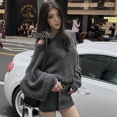 Zhu Xia 3197# Dress-Gray-Free Size Question 2024 Early Autumn New Fashion Temperament Advanced Design Sense Waist Slim Strapless Batwing Sleeve Knitted Dress Women