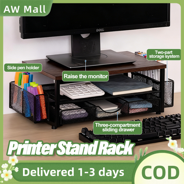 Printer Stand Rack Organizer With Drawer Metal Computer Monitor Stands ...