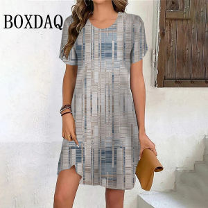 Summer Retro Short Sleeve New Dresses Women Tie Dye Striped Print Dress Casual O-Neck Pullover Loose Mini Dresses Plus Size 6XL