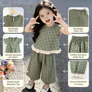 AILEBE Kids Sets Terno Ruffled Sleeveless Top Elastic Ankle Pants Set Korean Style Plaid Summer Outfit Breathable Quick-Dry Polyester Wrinkle-Resistant Loose Comfy Fit Cute Daily Wear OOTD Pambahay For Girls 1-14 Years Perfect For Travel Dailywear