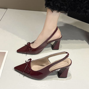 [Free Shipping] Bow-Knot Back-Strap High-Heeled Sandals For Women Summer 2026 New Style Pointed-Toe Stiletto Heel Open-Back Red Flats