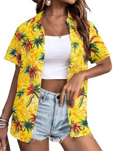 Summer Womens Shirt 3D Printed Hawaiian Shirts Button Up Beach Vacation Shirts Short Sleeve Shirt Casual Lapel Blouse For Women