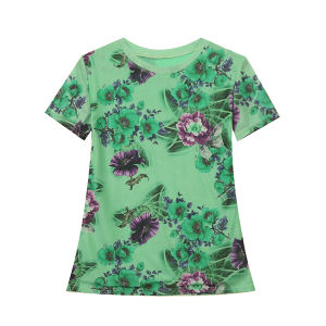 REHIN Womens T-shirts New Summer fashion mesh flowers floral printed short-sleeved T-shirt round-neck Slim thin elegant trend tops