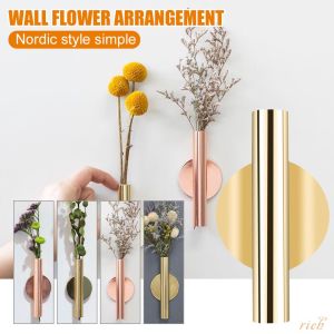 Nordic Flower Vase Stainless Steel Wall Hanging Artificial Flower Vase Wall Holder Flower Pot Home Decorations Gold Round