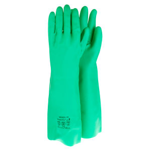 NIVOX-18 INCHES : ถุงมือยางไนไตรล์เขียว ยาว 18 นิ้ว หนา 22 มิล (0.56 มม.) ไร้รอยต่อ กันสารเคมีรุนแรง