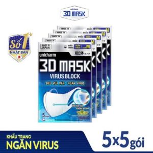 Combo 5 gói Khẩu trang ngăn vi khuẩn Unicharm 3D Mask Virus Block size M gói 5 miếng (Ngăn được bụi mịn PM2.5)