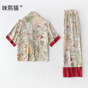 Four Seasons Cotton Casual Satin Green Grass Printing Set Can be worn outside loungewear