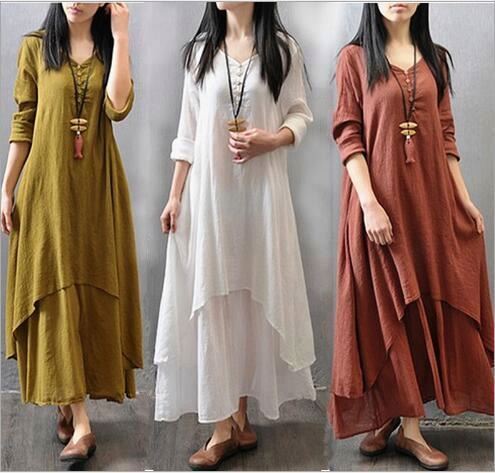 M-5XL Plus Size V-neck Cotton Linen for Women Dress Long Sleeve Casual ...