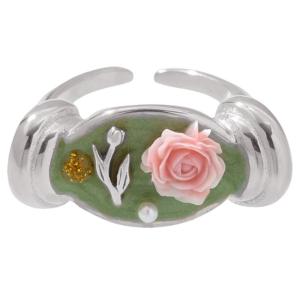 Adjustable Open Rose Design Pearls Enamel Ring Sturdy Stainless Steel Open Band Floral For Women