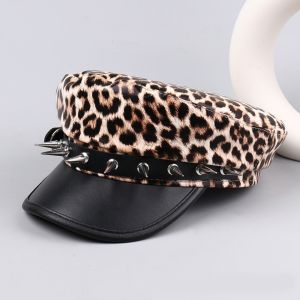 INGER Hip-hop Rivet Leopard Hat Harajuku Punk Y2k Beret Hat Vintage Personalized Flat Top Cap for Women